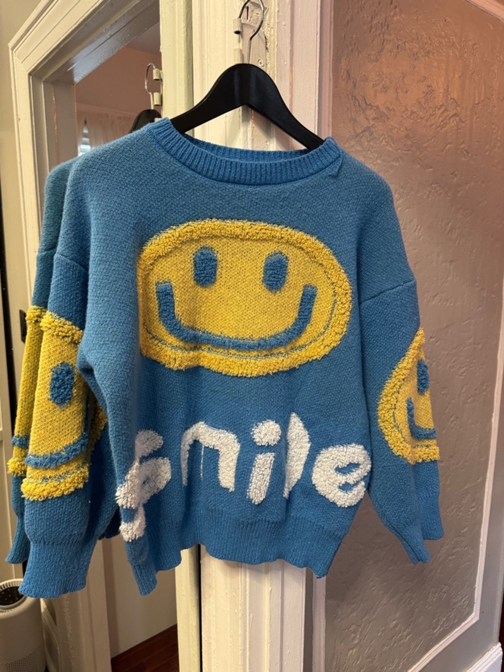 Blue Graphic Smile Crewneck Sweater with Yellow & White Accents